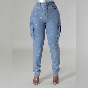 Sparkling Blue Skinny Jeans with Cargo Pockets